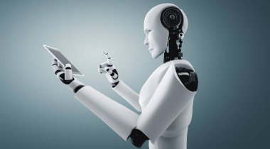 Robot insanımsı gelecekteki ofiste cep telefonu veya tablet kullan