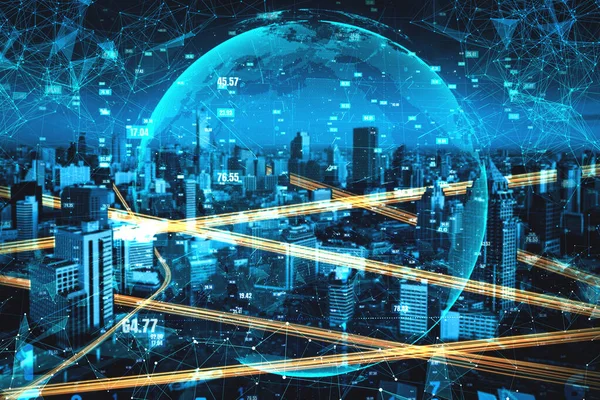 Intelligens városi technológia a digitális adattovábbítás futurisztikus grafikájával — Stock Fotó