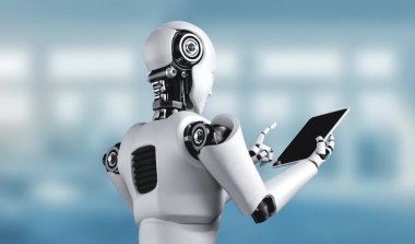 Gelecekteki ofiste tablet bilgisayar kullanan robot insanımsı