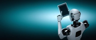 Gelecekteki ofiste tablet bilgisayar kullanan robot insanımsı