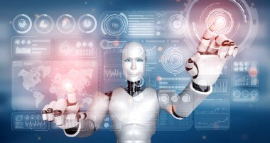 Yapay zeka robotu büyük veri kavramını gösteren sanal hologram ekranına dokunuyor