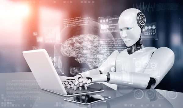 Robot humanoid use laptop and sit at table in concept of AI thinking brain — Stock Photo, Image