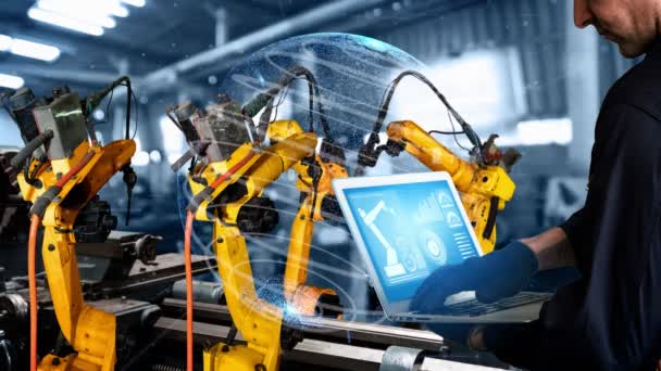 Smart industry robot arms modernization for digital factory technology — Stock Video