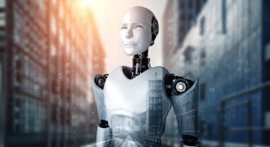 3D illüstrasyon robotu insansı şehir siluetine karşı dört gözle bekliyor
