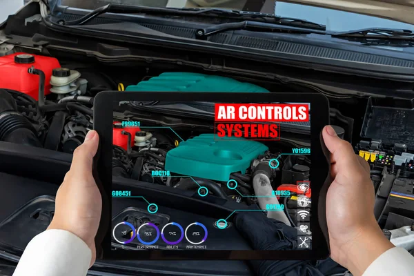 Engineer use augmented reality software to monitor parts of car vehicle