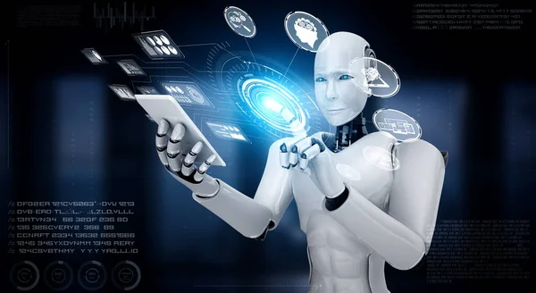 Robot humanoid use mobile phone or tablet for big data analytic — Stock Photo, Image