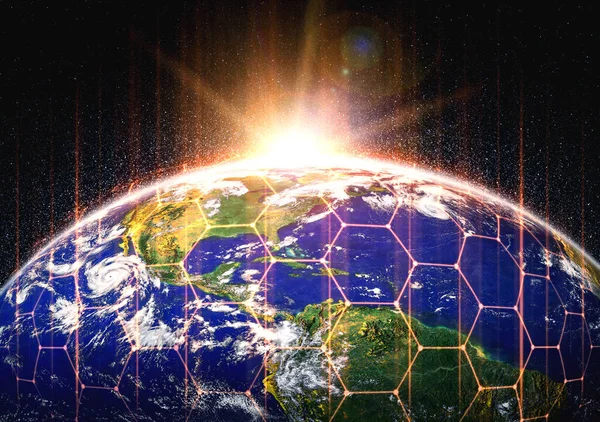 Σύνδεση παγκόσμιου δικτύου που καλύπτει τη γη με γραμμές καινοτόμου αντίληψης — Φωτογραφία Αρχείου