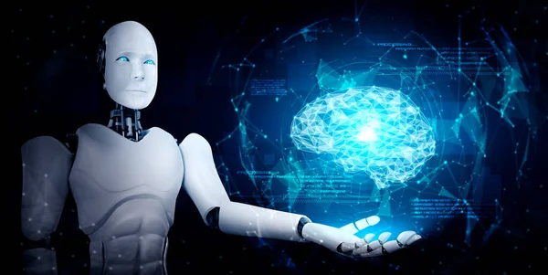 Al humanoid robot gospodarstwa wirtualny hologram ekran pokazujący koncepcję mózgu AI — Zdjęcie stockowe