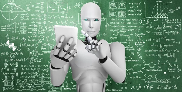 Robotul umanoid utilizează telefonul mobil sau tableta pentru studierea științei inginerești — Fotografie, imagine de stoc