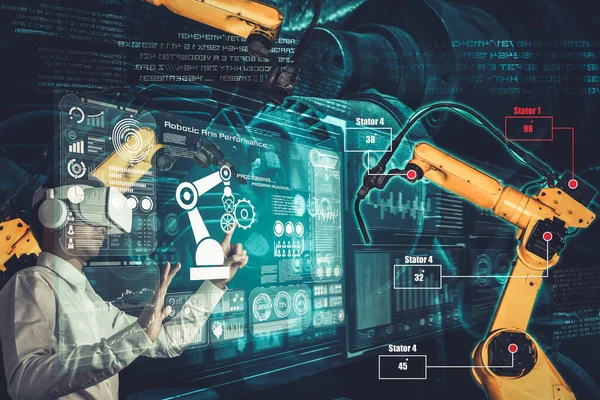 Ingenieur bestuurt robotarmen door augmented reality-industrietechnologie — Stockfoto