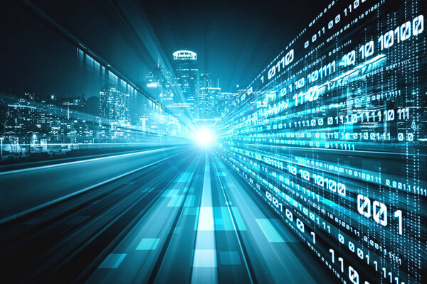 Цифровой поток данных на дороге с размытием движения для создания видения быстрой передачи скорости