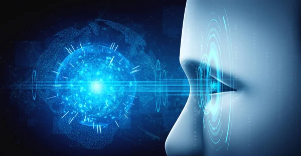 Robot humanoïde gezicht close-up met grafisch concept van AI denken hersenen — Stockfoto