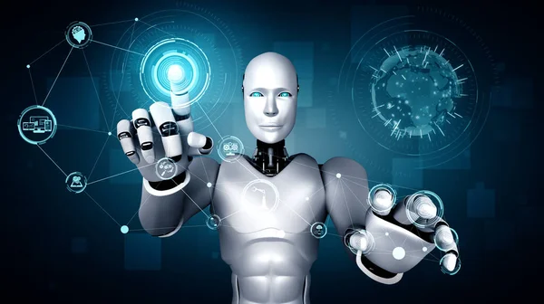 AI humanoid robot dotýkající se hologramu ukazuje koncept globální komunikace — Stock fotografie