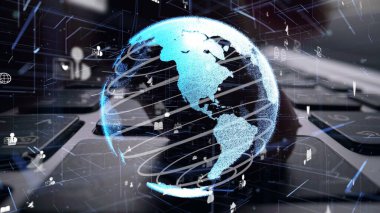 İnternet ağı grafikli bilgisayar klavyesi üzerinde çalışan adam