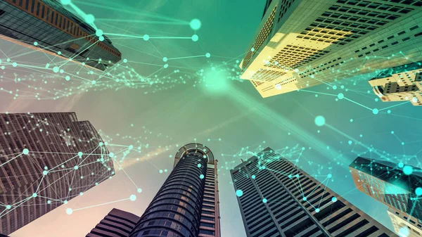 Fantasievolle visuelle intelligente digitale Stadt mit globalisierter abstrakter Grafik, die das Verbindungsnetz zeigt — Stockfoto