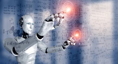Matematik formülü ve bilim denkleminin yapay zeka robot dokunuşu ekranı