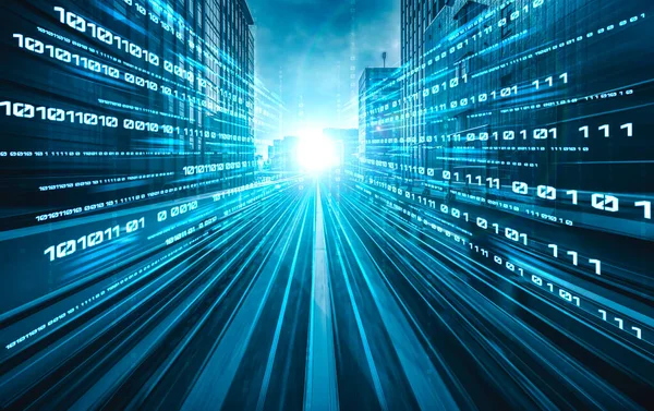 Flujo de datos digitales en carretera con desenfoque de movimiento para crear visión de transferencia de velocidad rápida —  Fotos de Stock