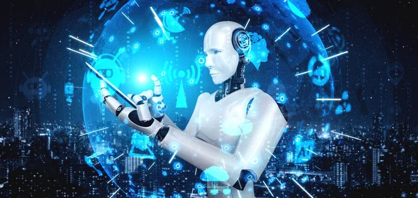 Robot humanoid use mobile phone or tablet for global network connection — Stock Photo, Image
