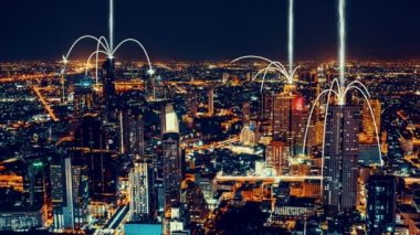Akıllı dijital şehir ve küreselleşme bağlantı ağını gösteren soyut grafik
