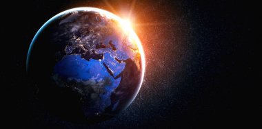 Dünya gezegeninin uzaydan görünüşü gerçekçi dünya yüzeyini ve dünya haritasını gösteriyor