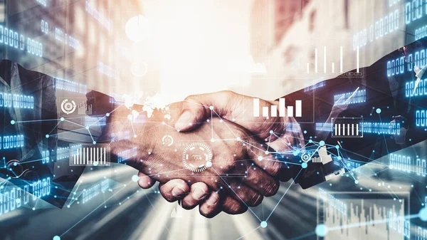 Imaginative visual business handshake with computer graphic of investment data — Stock Photo, Image