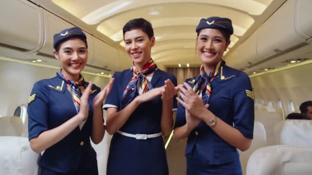 A légiutas-kísérő személyzet tapsol a repülőgépen — Stock videók