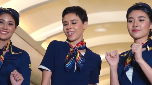 Cabin crew dancing with joy in airplane — Stock Video