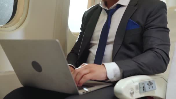 Jeune homme d'affaires utilisant un ordinateur portable dans l'avion — Video