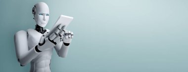 Robot insanımsı gelecekteki ofiste cep telefonu veya tablet kullan