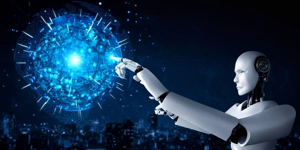 AI humanóide robô tocando tela holográfica mostra conceito de comunicação global — Fotografia de Stock
