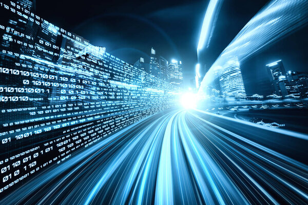 Цифровой поток данных на дороге с размытием движения для создания видения быстрой передачи скорости