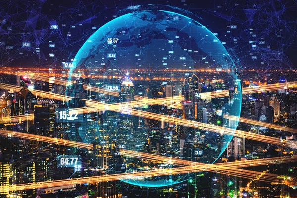 Slimme stadstechnologie met futuristische grafische weergave van digitale gegevensoverdracht — Stockfoto