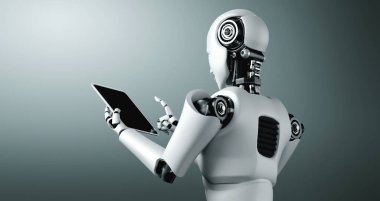 Gelecekteki ofiste tablet bilgisayar kullanan robot insanımsı