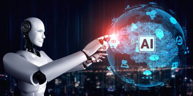 Yapay zeka robotu sanal sanal sanal ekrana dokunuyor ve yapay zeka beyni kavramını gösteriyor.