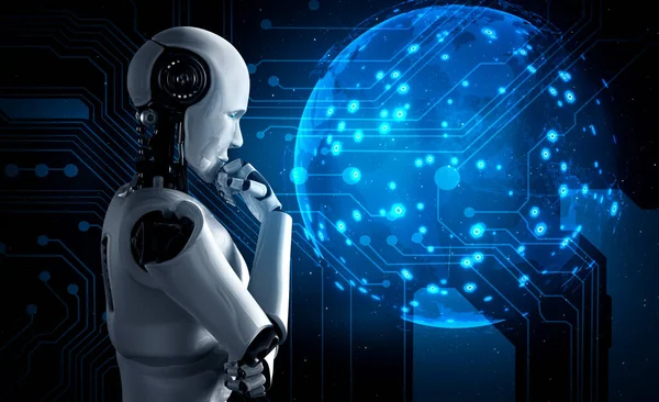 Σκέψη AI ανθρωποειδές ρομπότ ανάλυση οθόνη ολόγραμμα δείχνει την έννοια του δικτύου — Φωτογραφία Αρχείου