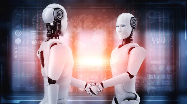 3D rendering humanoid robot handshake to collaborate future technology