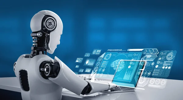 Robot humanoid använda laptop och sitta vid bordet för big data analytics — Stockfoto