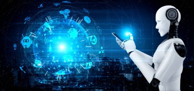 Robot insansı, küresel ağ bağlantısı için cep telefonu veya tablet kullan