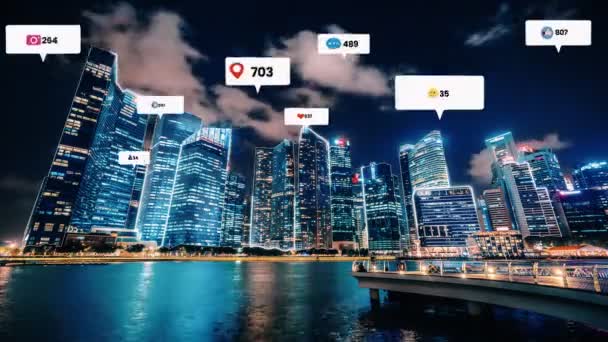 社交媒体的图标在市中心上空飞扬，展示了人们的交往联系 — 图库视频影像