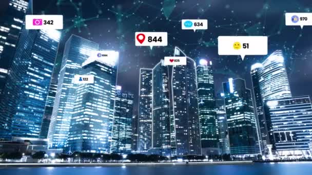 Sociale media iconen vliegen over de stad centrum tonen mensen betrokkenheid verbinding — Stockvideo