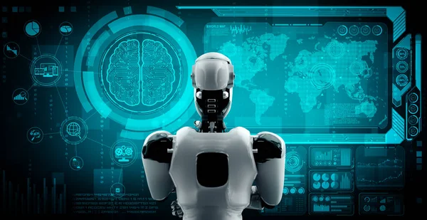 Thinking AI humanoid robot analyzing hologram screen showing concept of AI — Stock Photo, Image