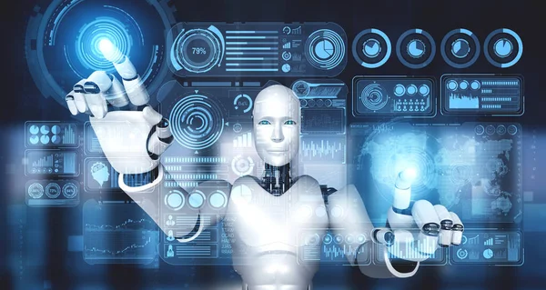 Robot humanoide AI tocando la pantalla del holograma virtual mostrando el concepto de big data —  Fotos de Stock