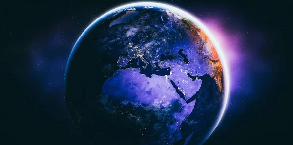 Planeta Tierra globo vista desde el espacio mostrando la superficie realista de la tierra y mapa del mundo —  Fotos de Stock