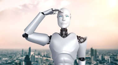 3D illüstrasyon robotu insansı şehir siluetine karşı dört gözle bekliyor