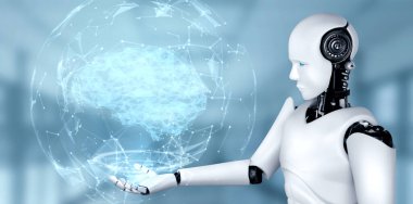 Yapay zeka robotu sanal sanal sanal ekran tutarak yapay zeka beyni kavramını gösteriyor