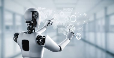 Sanal ekrana dokunan yapay zeka robotu küresel iletişim kavramını gösteriyor