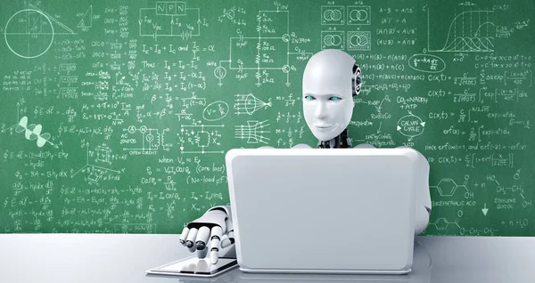 Robot uso humanoide portátil y sentarse a la mesa para estudiar ciencias de la ingeniería — Foto de Stock