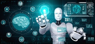 Yapay zeka robotu büyük veri kavramını gösteren sanal hologram ekranına dokunuyor