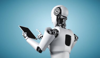 Gelecekteki ofiste tablet bilgisayar kullanan robot insanımsı