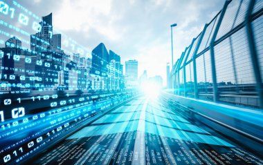 Hızlı aktarım görüşü oluşturmak için yolda hareket bulanıklığı olan dijital veri akışı